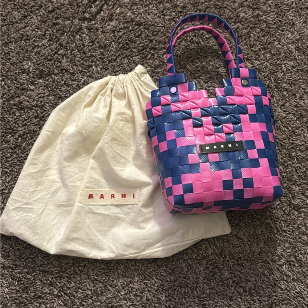 Marni Pink and Navy Checker Woven Mini Tote